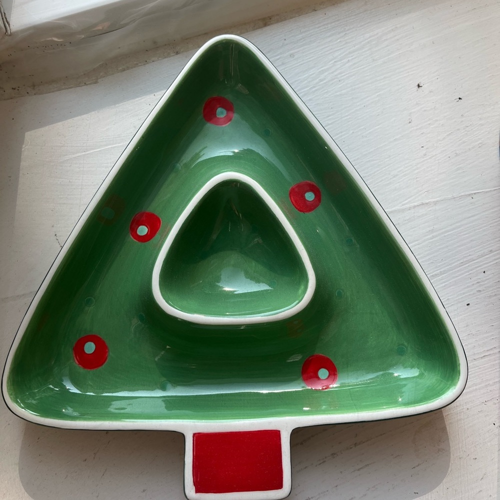 Russ Berrie Green and Red Christmas Tree Chip Dish